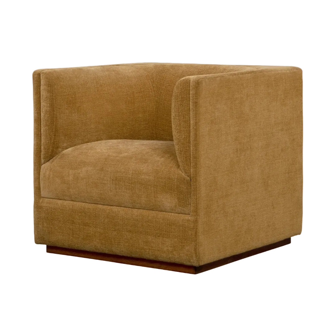 A brown upholstered chenille straw fabric chair with a wooden frame and base, displayed against a neutral background.