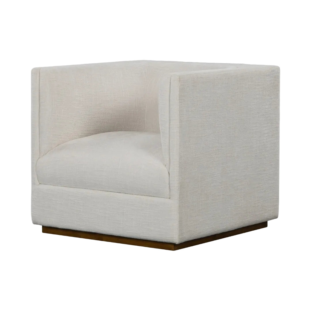 An Altair Cream Chair with a neutral crosshatch fabric upholstery, wooden frame, and a cream-colored cushion.