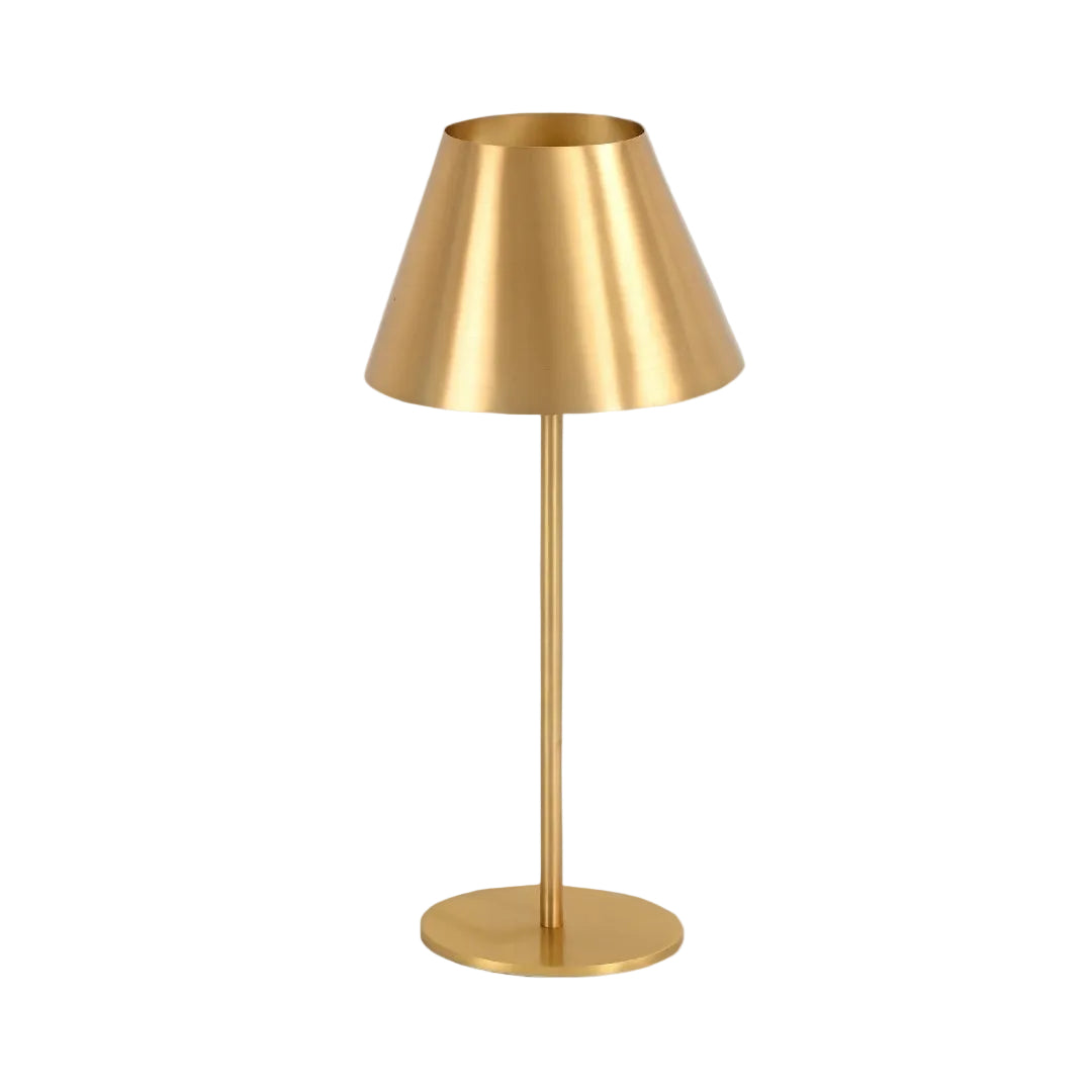 A compact table lamp with a classic antique brass finish, featuring a conical shade, standing on a round base.