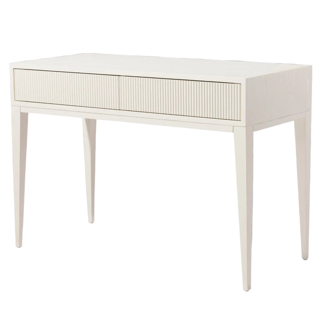 A sleek and elegant white Aster dressing table with two drawers and tapered legs.