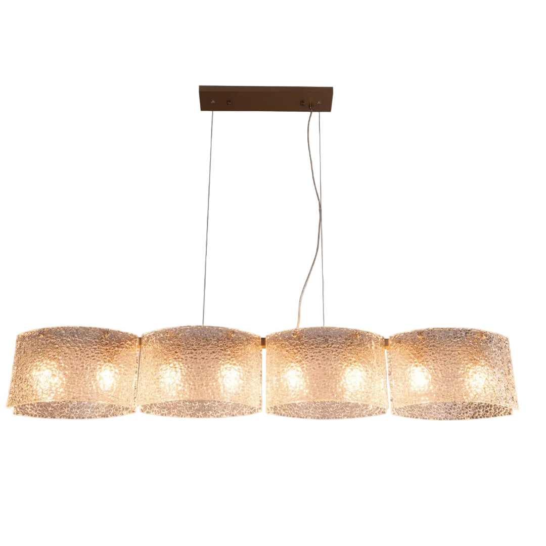 A long chandelier with textured glass shades and a brushed bronze frame, designed for elegant ambient lighting.