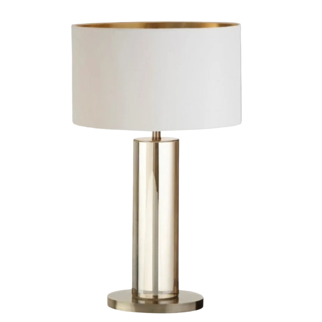 A Birch Tall Table Lamp with antique brass base and cognac crystal details, topped with an opal fabric shade.