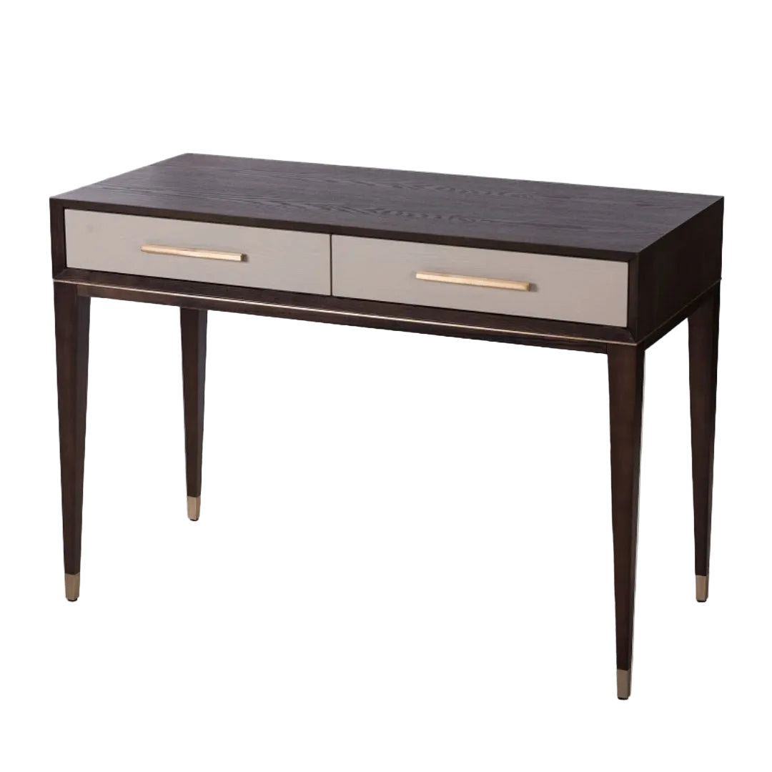 A sophisticated Cairo Dressing Table with two drawers, featuring a brushed and painted finish in brass, ceramic grey, and chocolate.