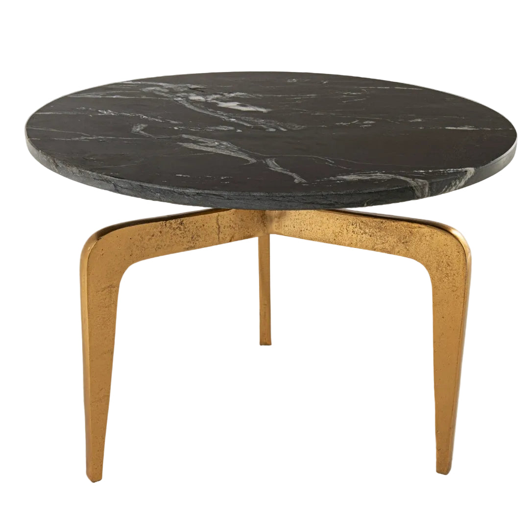 A stylish Callisto Side Table with a black marble top and gold-finished legs, showcasing a contemporary design.
