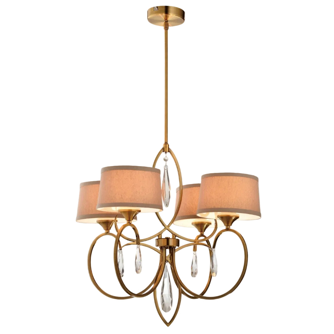 An elegant Cygnus chandelier with four arms, antique brass finish, crystal elements, and fabric shades.