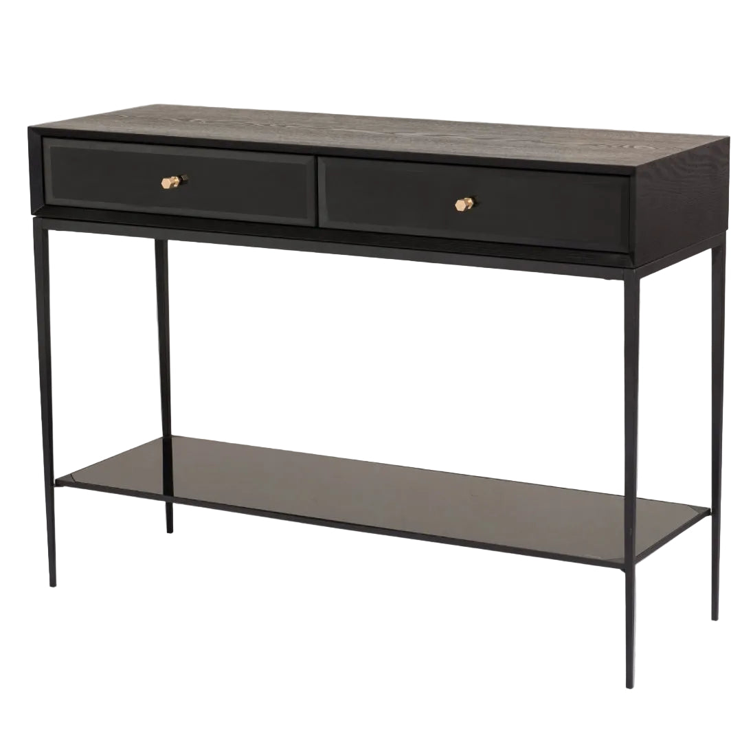 A sleek and minimalist Dane Console Table with antique brass, matt black veneer, and glass construction, featuring two drawers and a lower shelf.