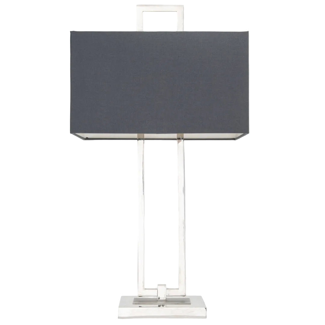 A sleek table lamp with a polished nickel base and a gunmetal fabric shade.