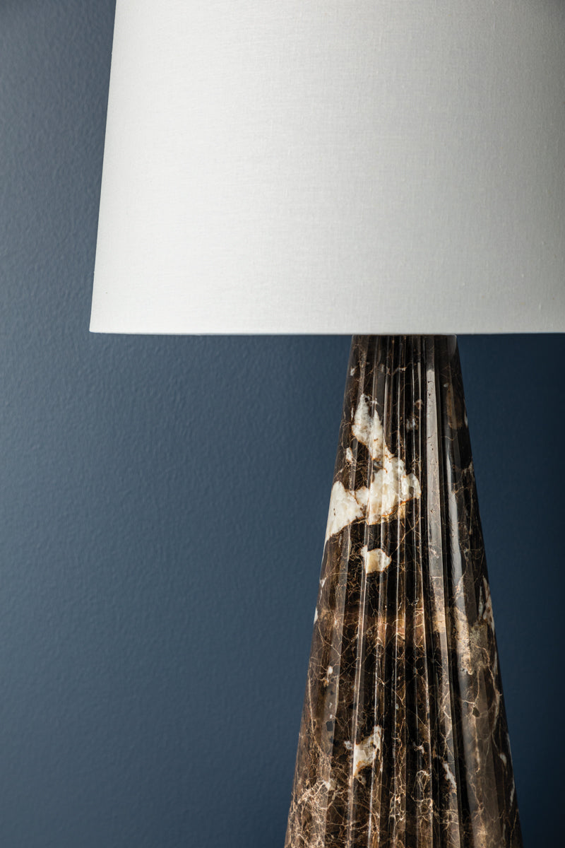 Fanny Plug-In Table Lamp – Aged Brass with Ceramic White Limewash and Off-White Linen Shade