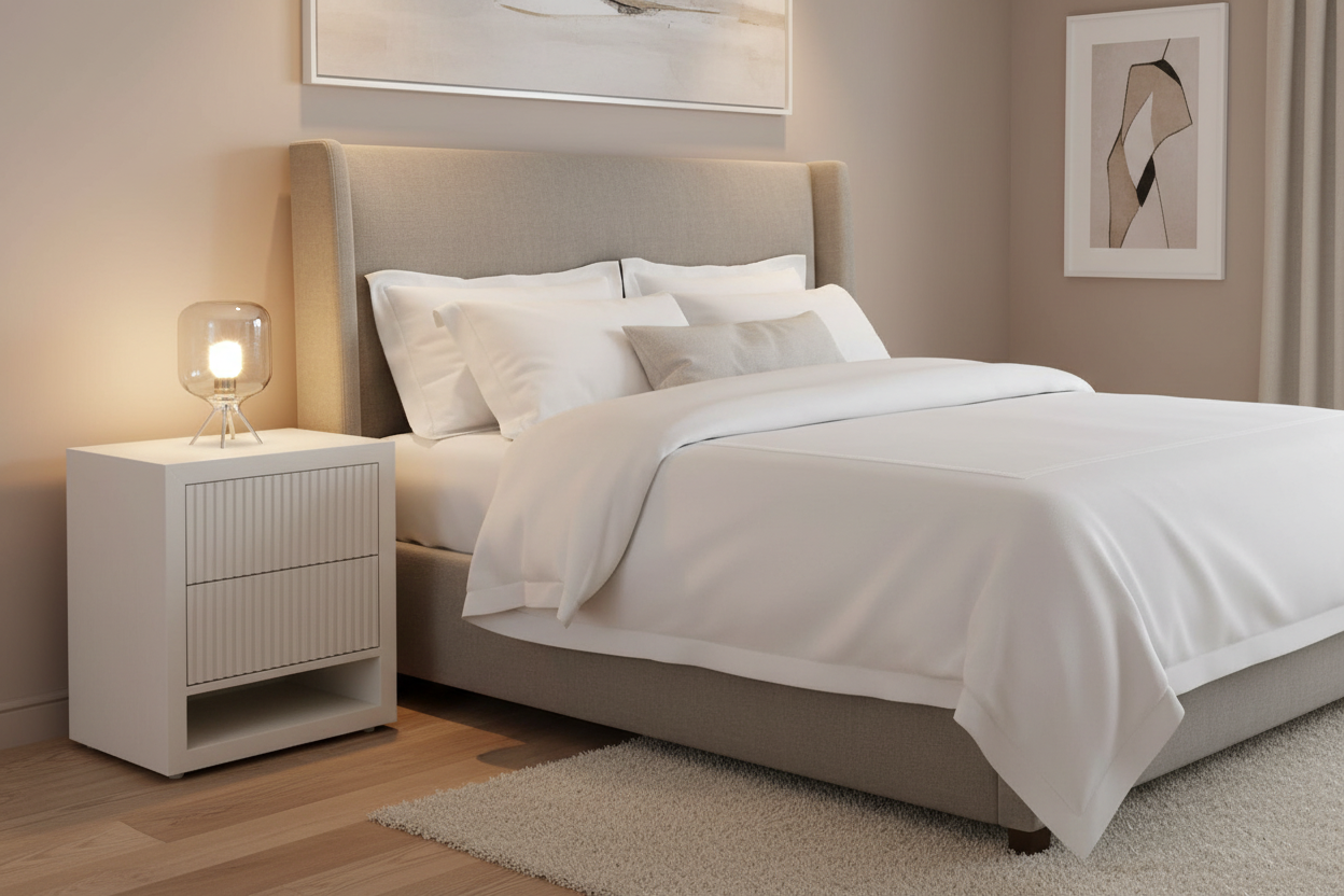 A modern bedroom scene featuring a bed with white bedding, a beige upholstered headboard and frame, a white nightstand with a lit glass lamp, wood flooring, and framed wall art.