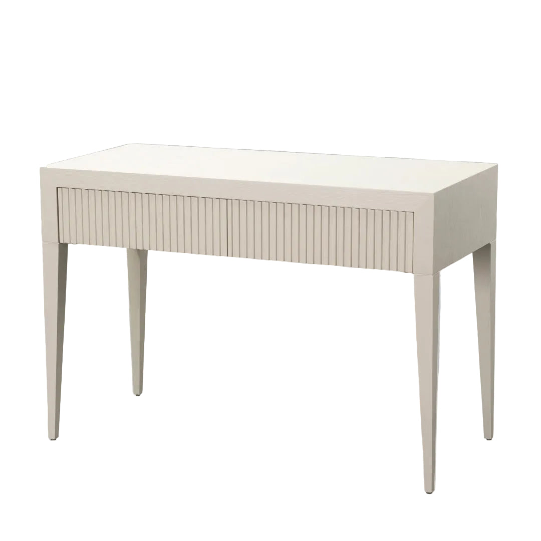 A sleek white dressing table with a wood grain frame and two drawers, set against a neutral background.