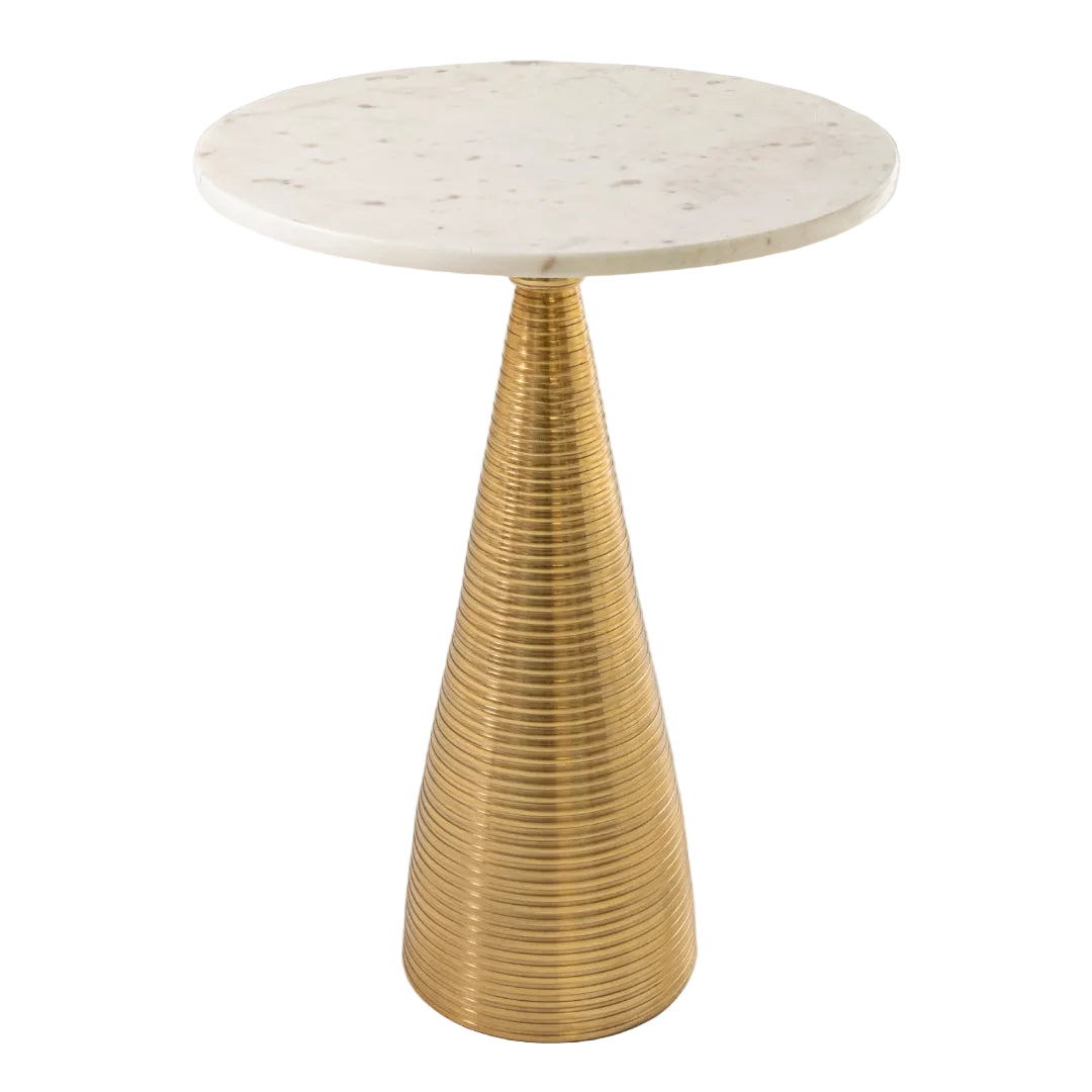 A modern side table with a polished white marble top and a tapered gold textured base.