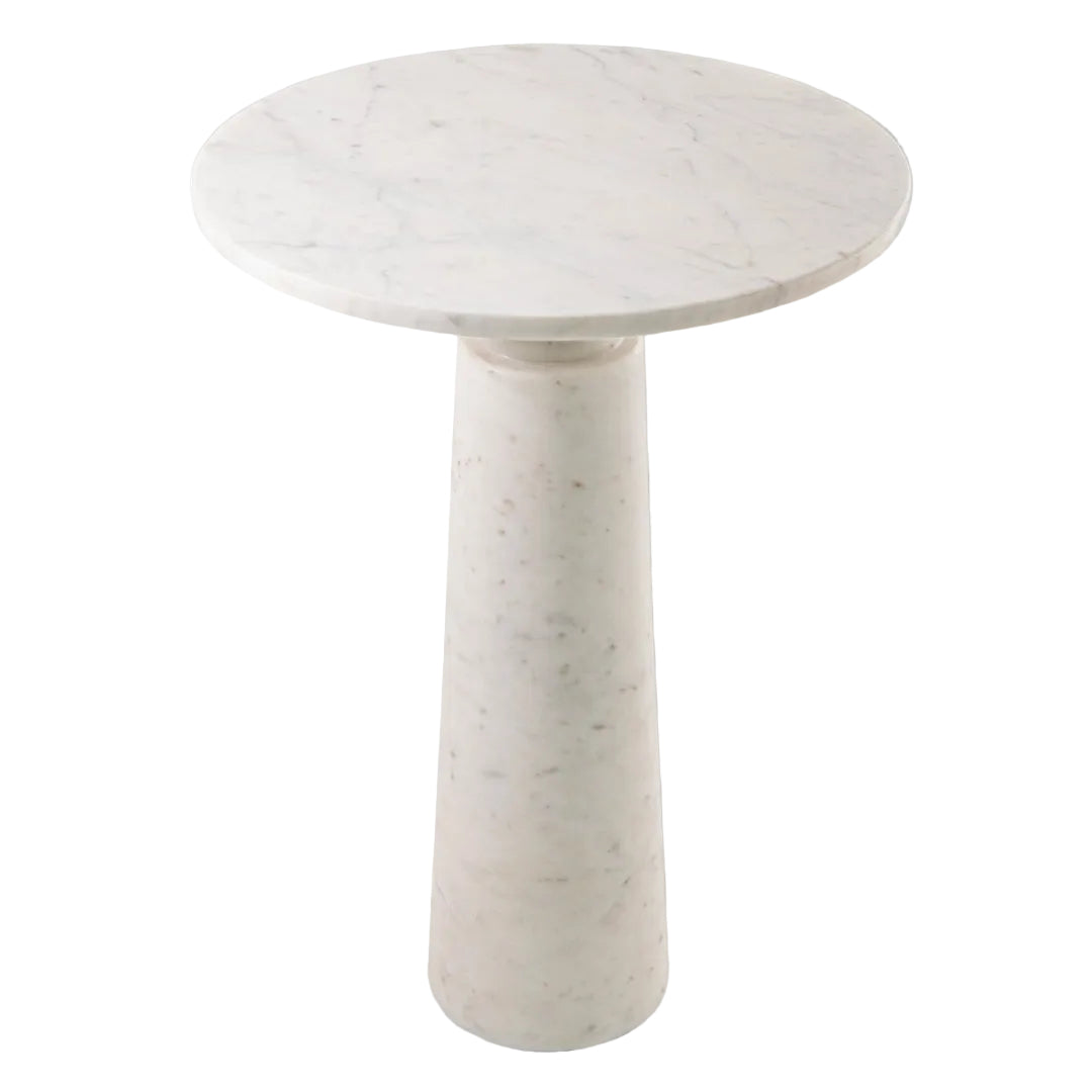 A luxurious white marble side table with a polished finish, featuring a cylindrical pedestal base.