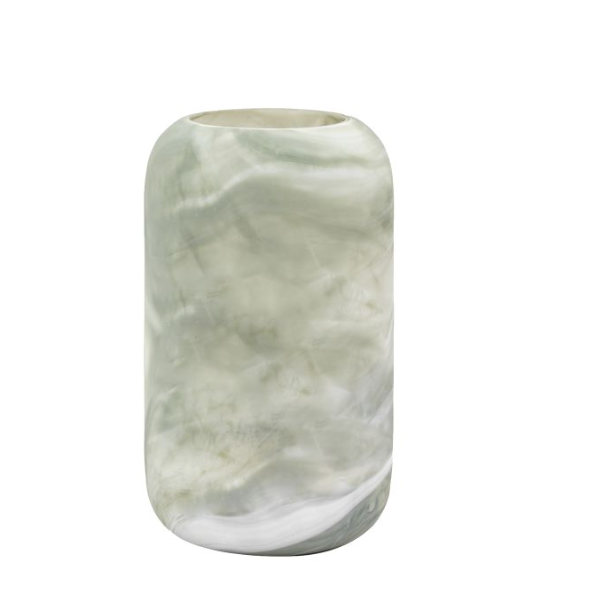 A handblown glass vase with a swirling marbled design in shades of green and white.