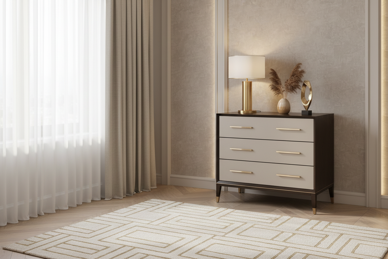 A modern three-drawer dresser with a dark wood frame and light beige drawer fronts, styled in a contemporary bedroom setting next to sheer curtains and a patterned rug.