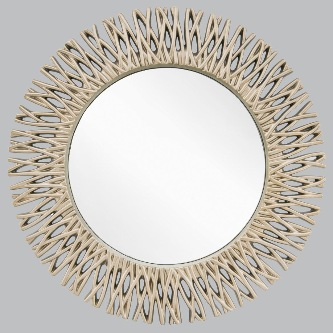 A round wall mirror with a nickel band and glass rods in a polished finish.