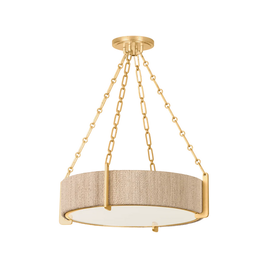 Gold pendant light fixture with beige shade on a white background