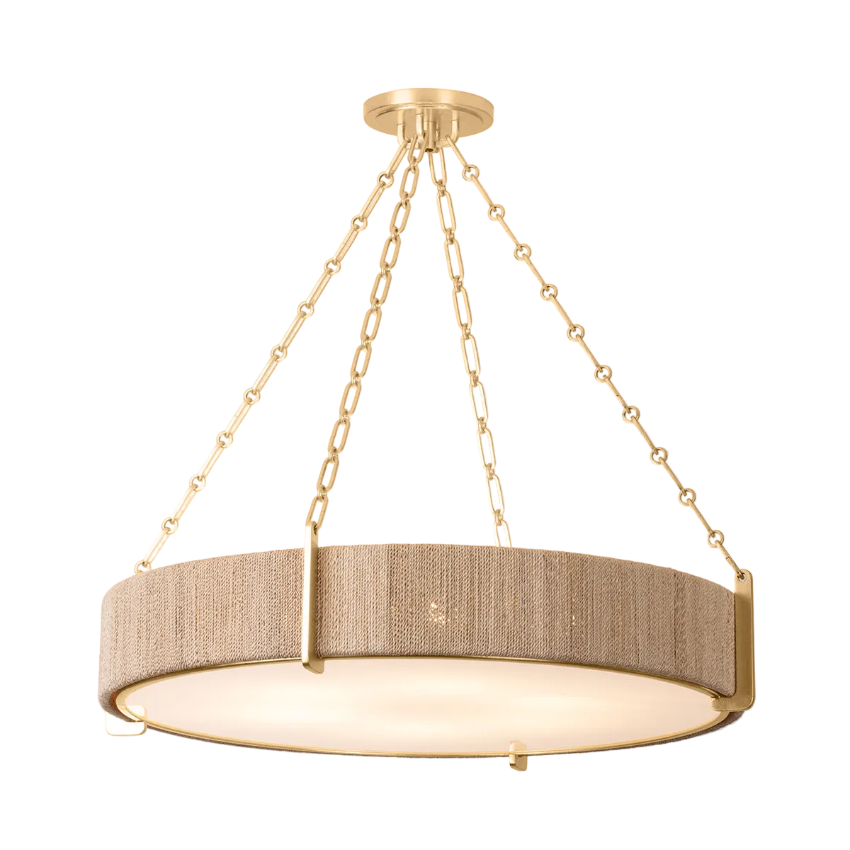 A gold leaf finish 6-light chandelier with a woven abaca shade, hanging by chains.