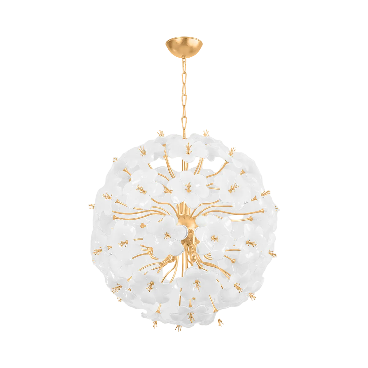 A luxurious gold leaf chandelier with piastre glass diffusers, suspended by a chain, designed for high ceilings and large spaces.