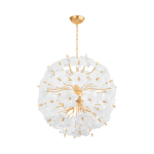 A luxurious gold leaf chandelier with piastre glass diffusers, suspended by a chain, designed for high ceilings and large spaces.