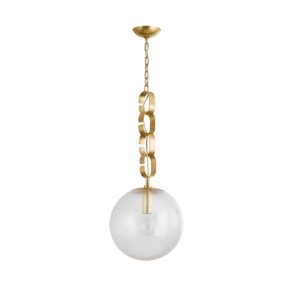 A vintage brass pendant light with a gold mesh shade and a large glass globe.
