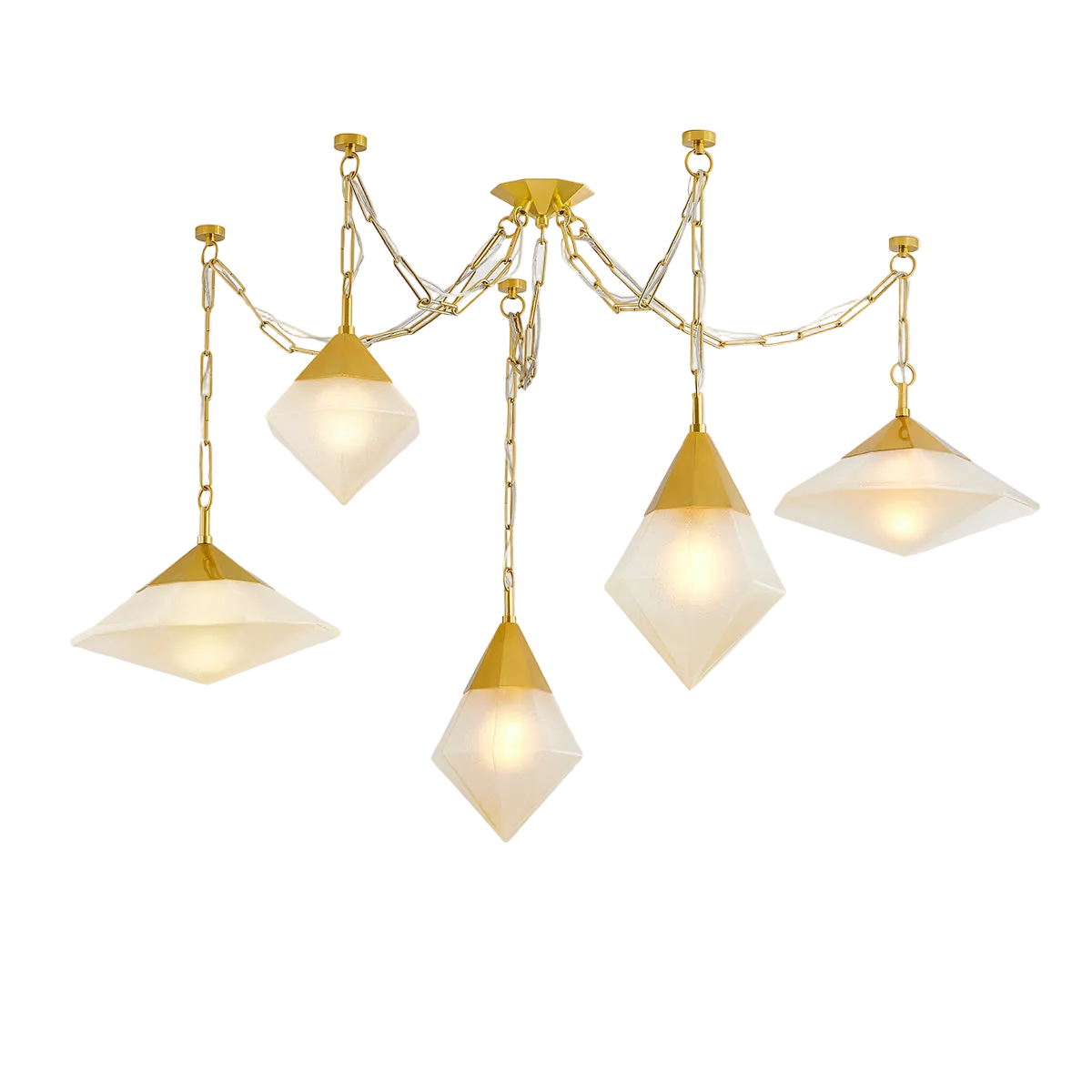 A five-light linear pendant with a vintage polished brass finish and champagne seeded glass shades, designed for ceiling mounting.