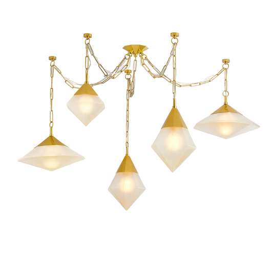 A five-light linear pendant with a vintage polished brass finish and champagne seeded glass shades, designed for ceiling mounting.