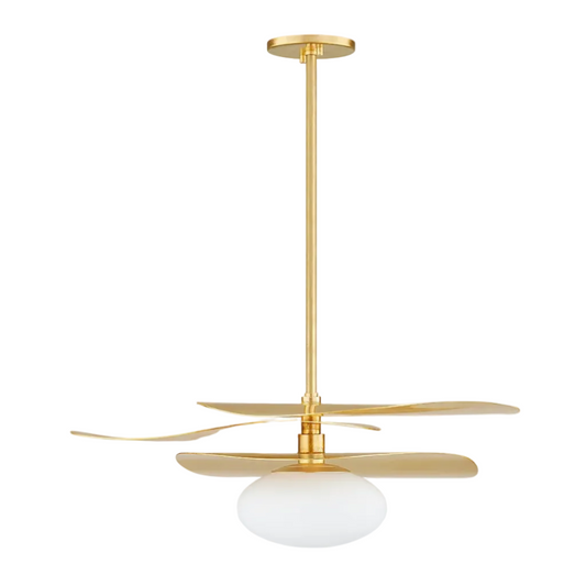 A modern ceiling fan with a brushed gold finish and a frosted white glass globe shade, shown against a solid white background.
