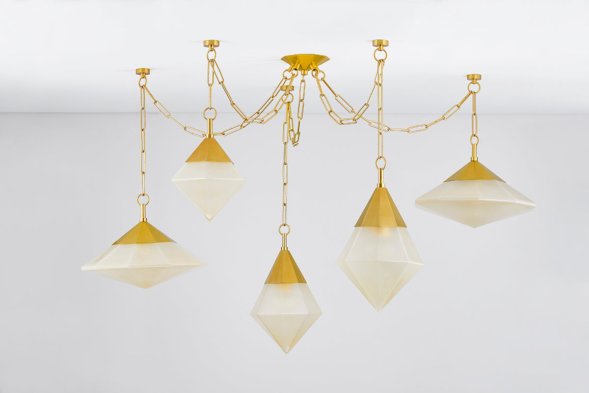 Angelique 5-Light Linear Pendant – Vintage Polished Brass with Champagne Seeded Glass
