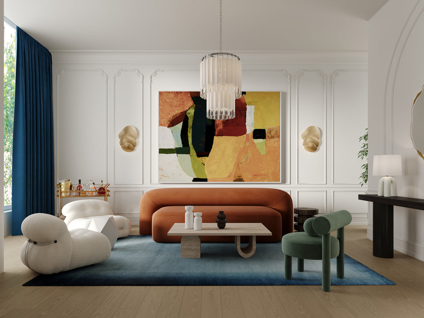 Modern living room with a colorful abstract painting, orange sofa, and stylish decor.