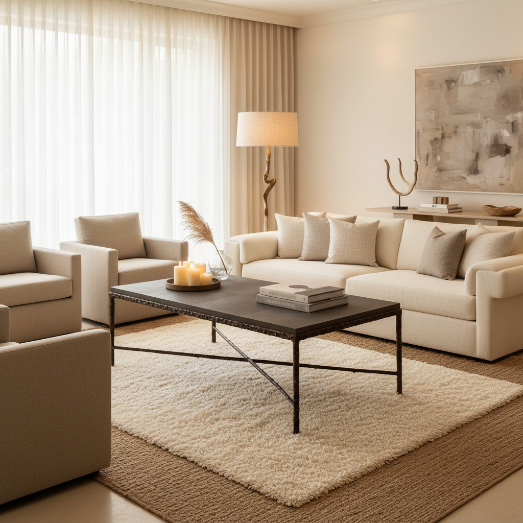 A rectangular coffee table with a dark brown textured stone top and a rustic black metal frame featuring branch-like legs and crisscrossing lower supports, shown against a light gray background.
