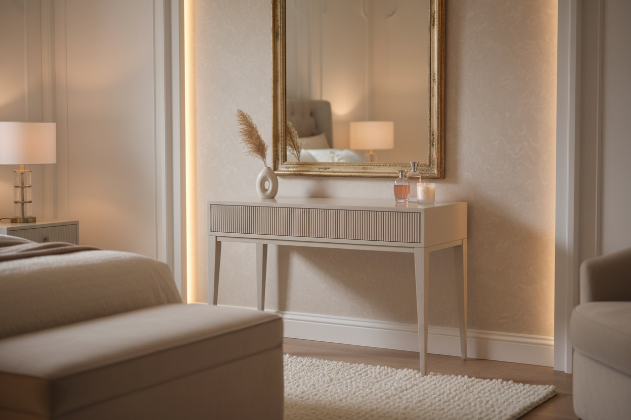 A styled interior scene showing a cream console table beneath a large gold-framed mirror, with a lamp, vase, and small decor items on top. A bed and upholstered chair are partially visible in the room, and warm ambient lighting creates a soft, elegant atmosphere.