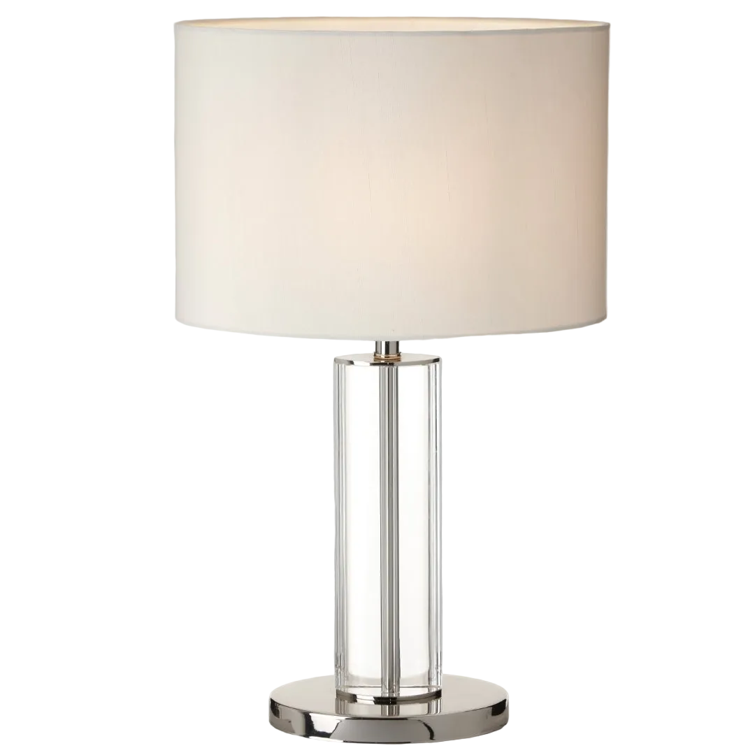 A polished nickel and crystal base table lamp with an elegant opal fabric shade.