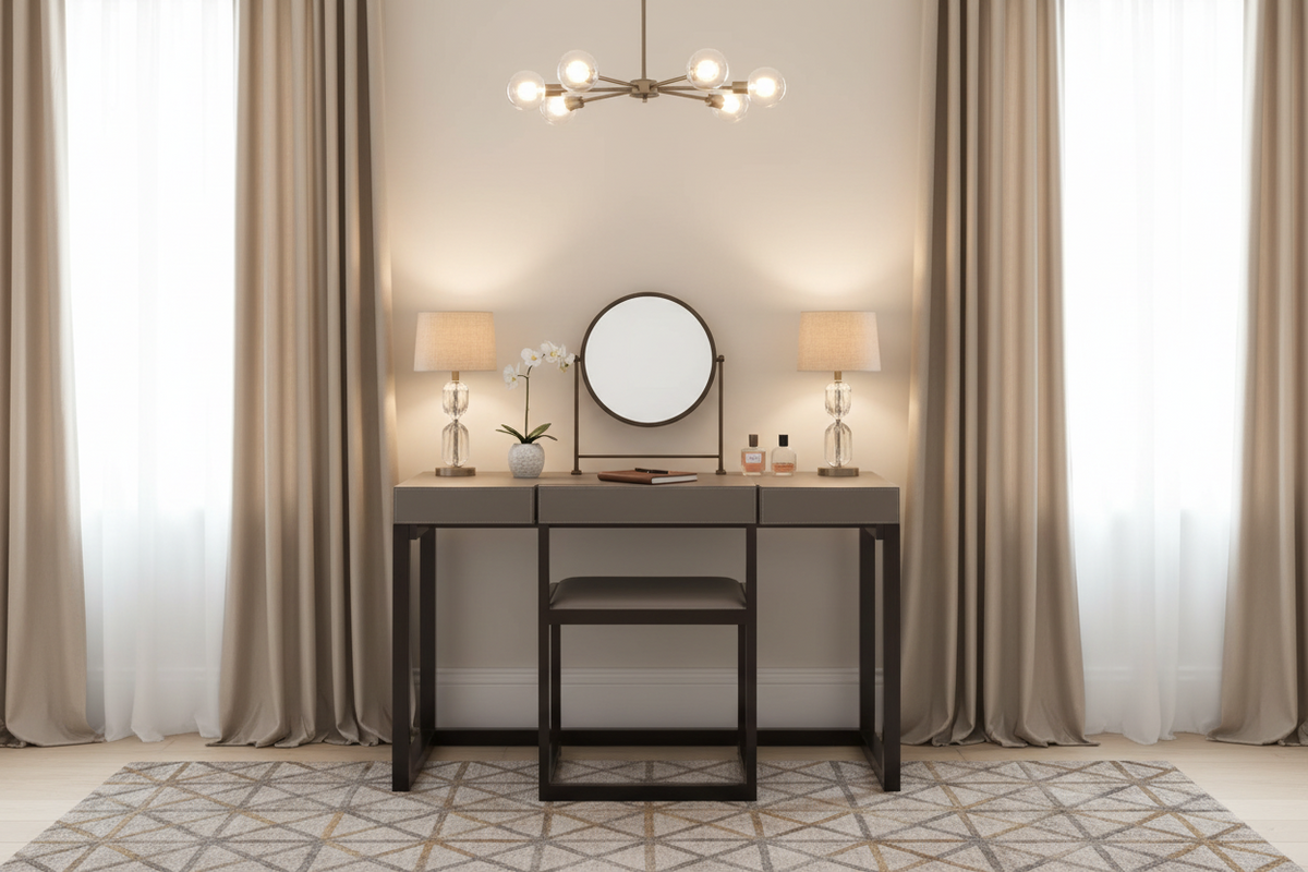 A modern makeup vanity desk with three drawers, featuring a taupe leather top and matching stool, supported by a dark metal frame, shown against a plain white background.