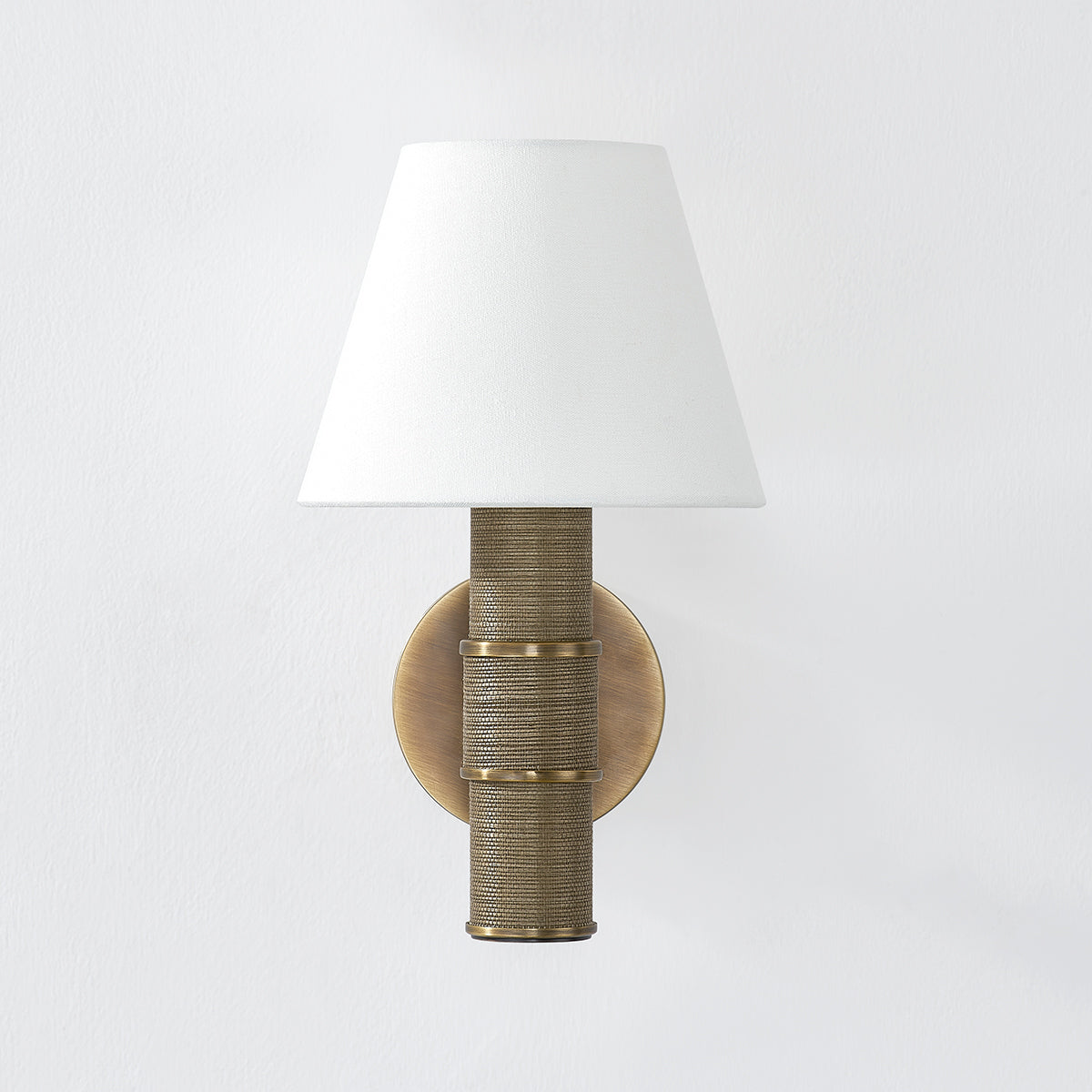 Denton Wall Light – Patina Brass with White Linen Shade