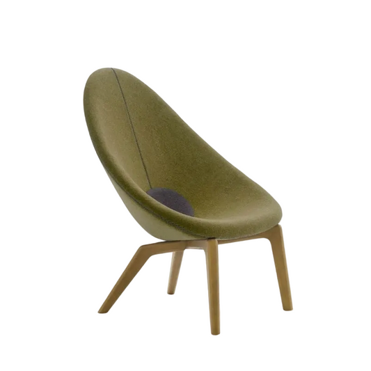 A modern accent chair with an olive green molded shell seat, light brown wooden legs, and a small dark purple accent cushion, shown against a plain white background.