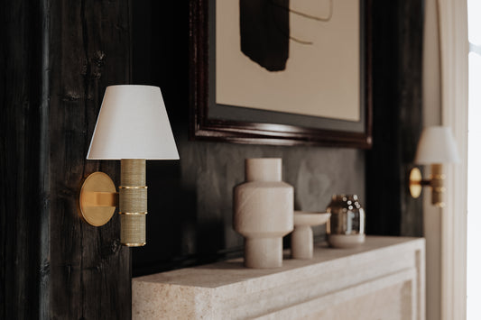 Denton Wall Light – Patina Brass with White Linen Shade