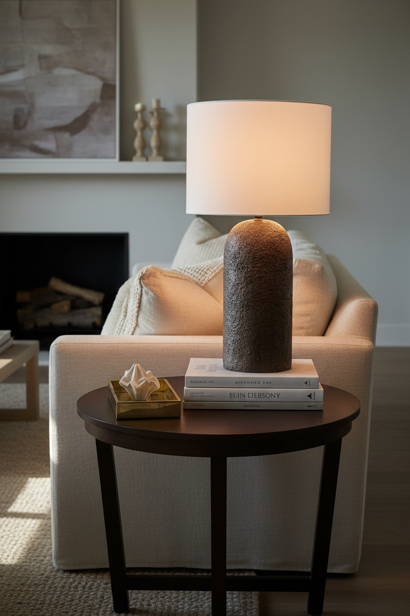 A table lamp with a textured, dark brown cylindrical base and a white drum shade, shown against a light gray background.