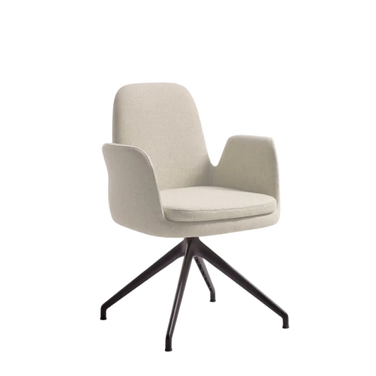 Beige office chair with black swivel base on a white background
