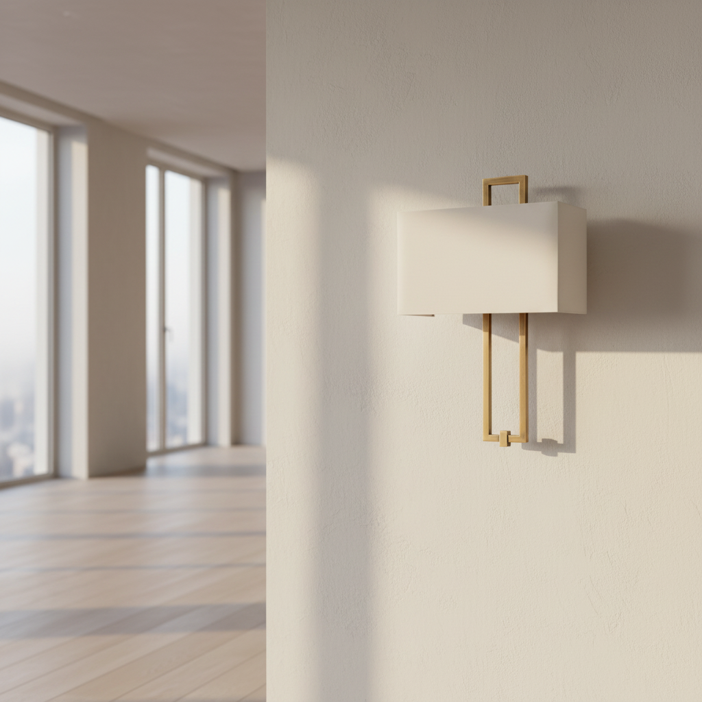 A wall lamp with an antique brass base and opal fabric shade.