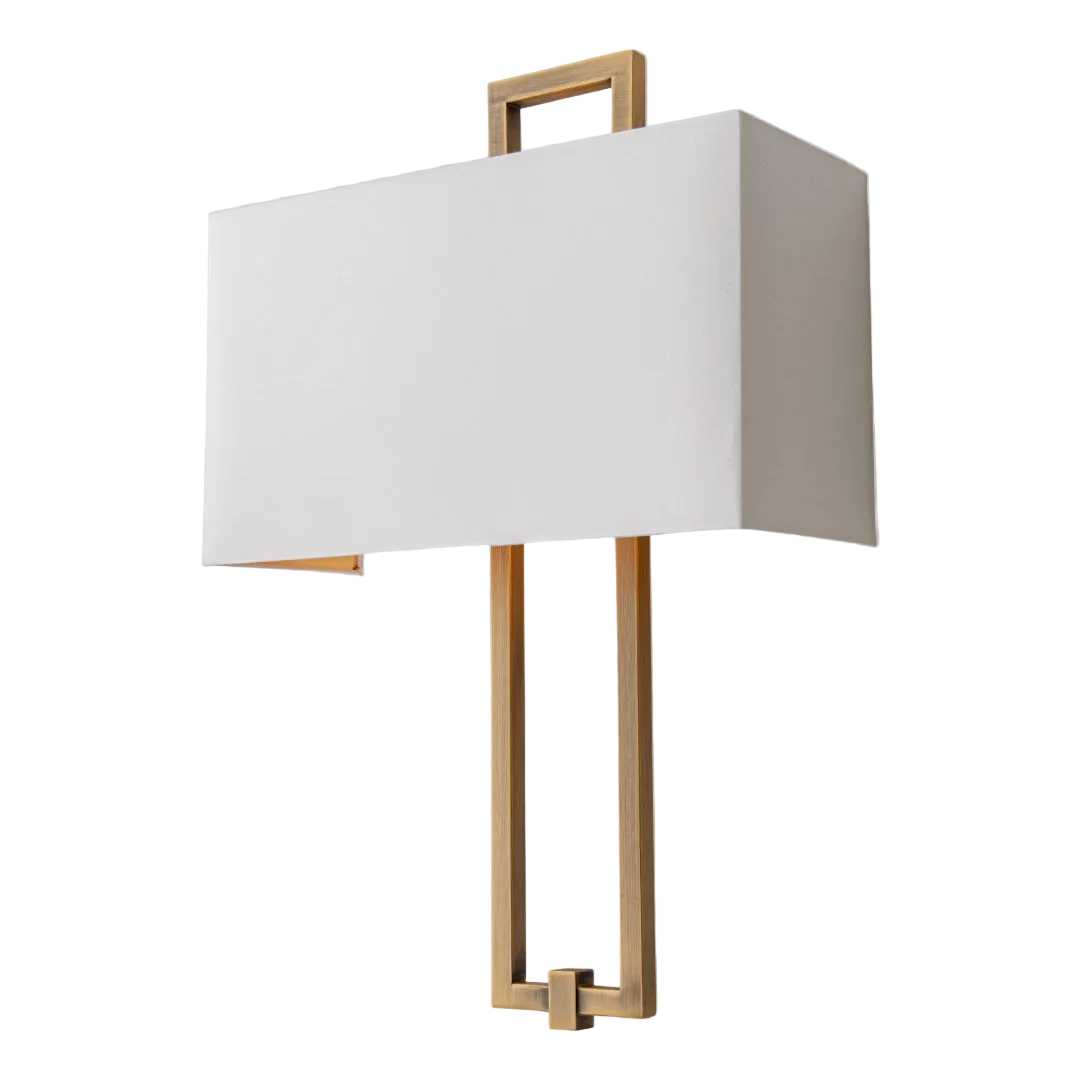 A wall lamp with an antique brass base and opal fabric shade.