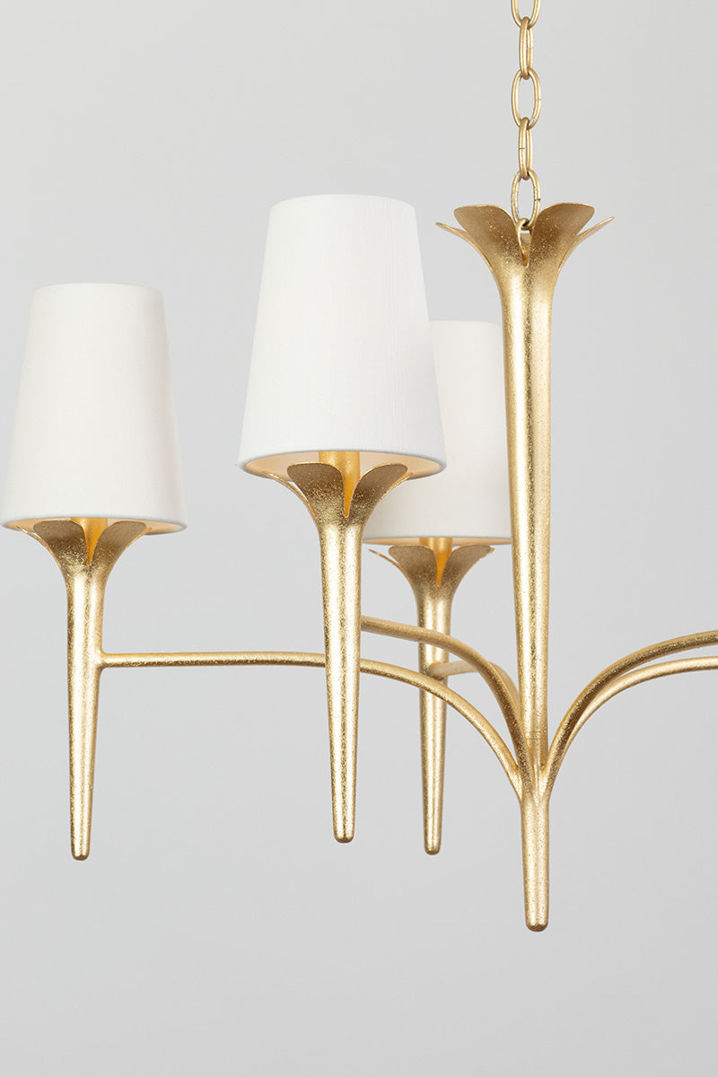 Emily 5-Light Chandelier – Gold Leaf with White Linen Shades