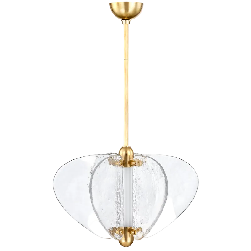 A vintage brass pendant light with a piastre glass diffuser, featuring a wide, shallow frame.