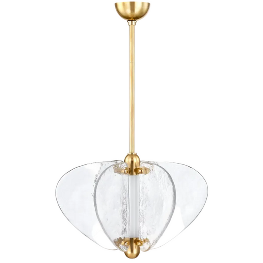 A vintage brass pendant light with a piastre glass diffuser, featuring a wide, shallow frame.