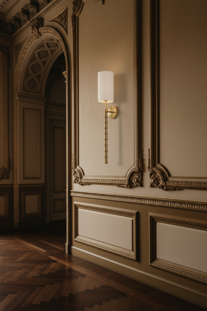 A wall-mounted lamp with an antique brass base and an opal fabric shade, displaying a warm glow.