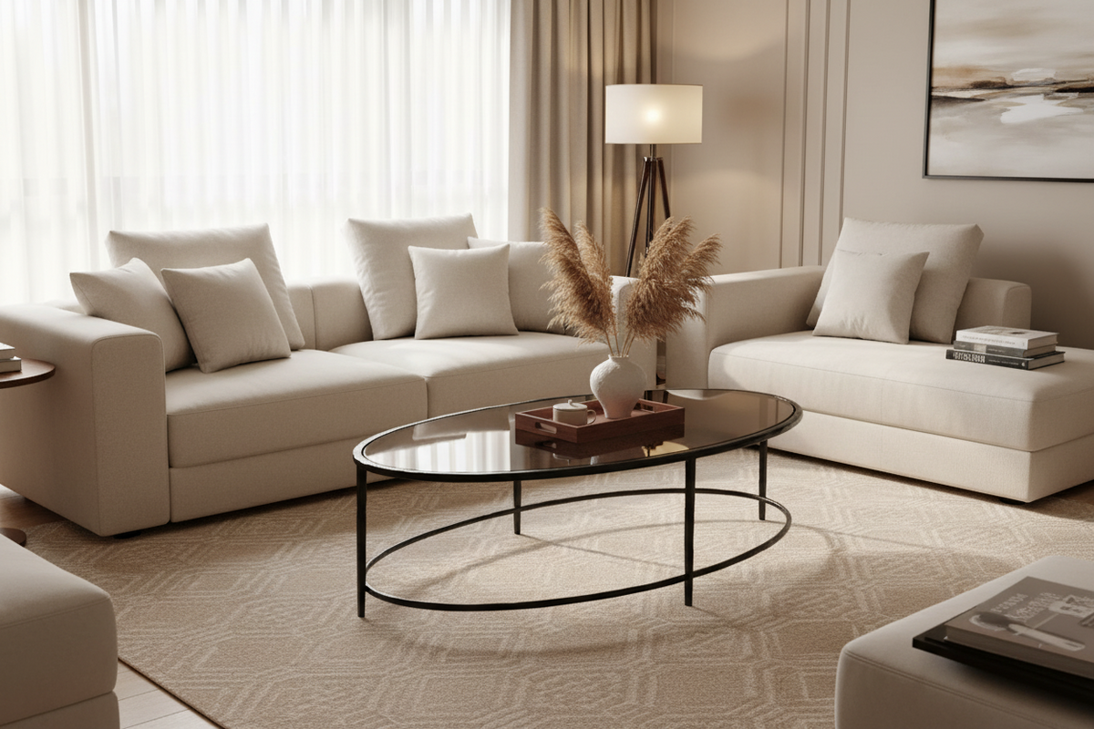 A round coffee table with a light beige glass top and a black metal frame base, shown against a solid light gray background.