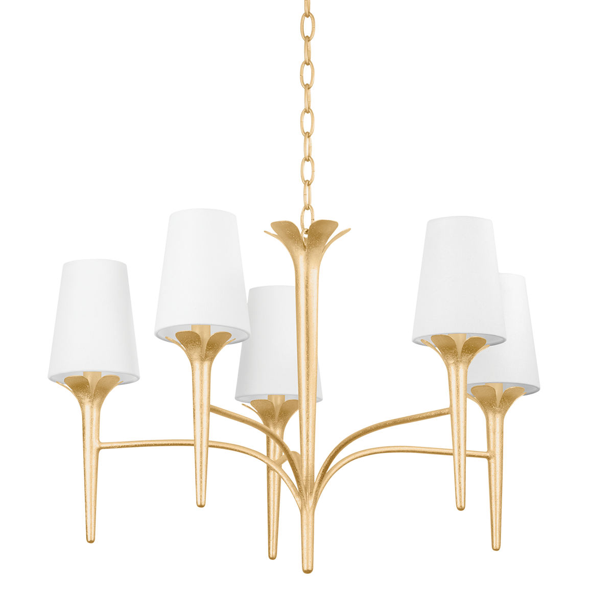 Emily 5-Light Chandelier – Gold Leaf with White Linen Shades