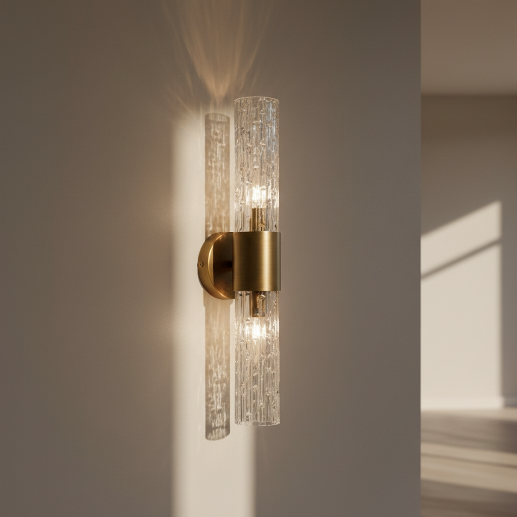 A sophisticated wall lamp with a brushed brass finish, featuring double glass textured tubes.