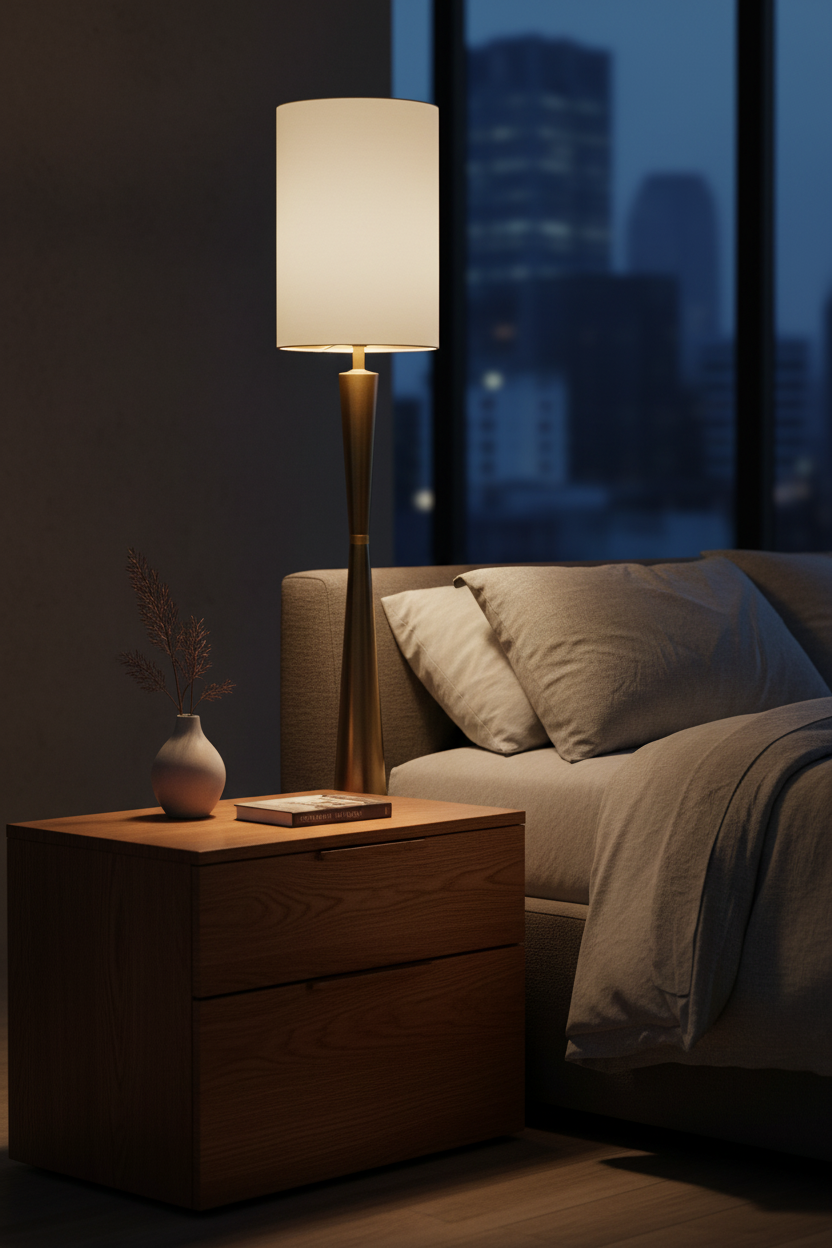 Floor lamp with a white shade and bronze base on a white background