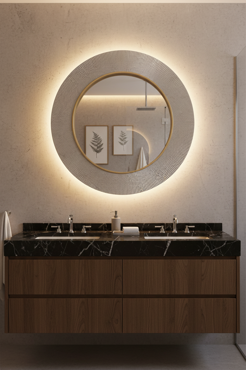 Round wall mirror with a textured, sunburst-style metallic frame in a champagne gold and silver finish, shown against a plain white background.