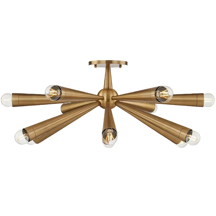 A modern six-light semi-flush mount ceiling light fixture in a brushed brass finish with clear glass shades, shown against a solid white background.